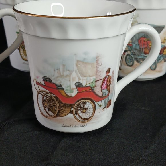 Staffordshire Tea Cups LOT of 4 with Antique Cars Victorian People and Gold Gild - Picture 2 of 15